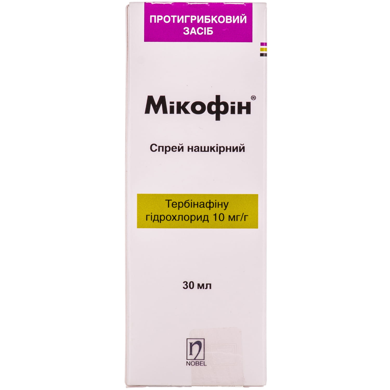 МІКОФІН® спрей нашкірний, 10 мг/г по 30 мл у флаконі з розпилювачем; по 1 флакону у картонній упаковці